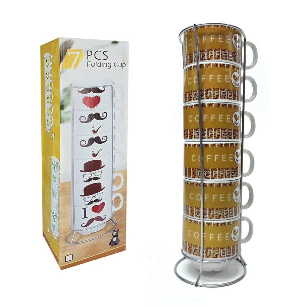 Paquete con 7 tazas pequeñas de cerámica y soporte, variedad de diseñ…