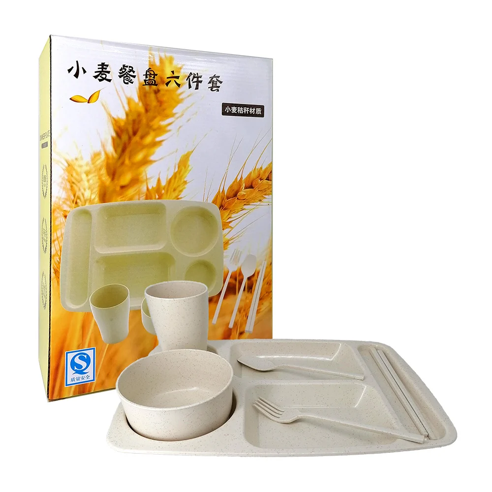 Caja con plato charola de plástico 5 compartimentos + tazón, vaso y c…