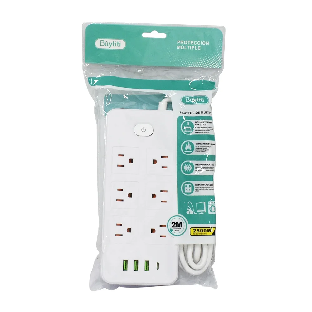 Barra multicontacto buytiti con cable extensión de 2 metros, 6 tomaco…