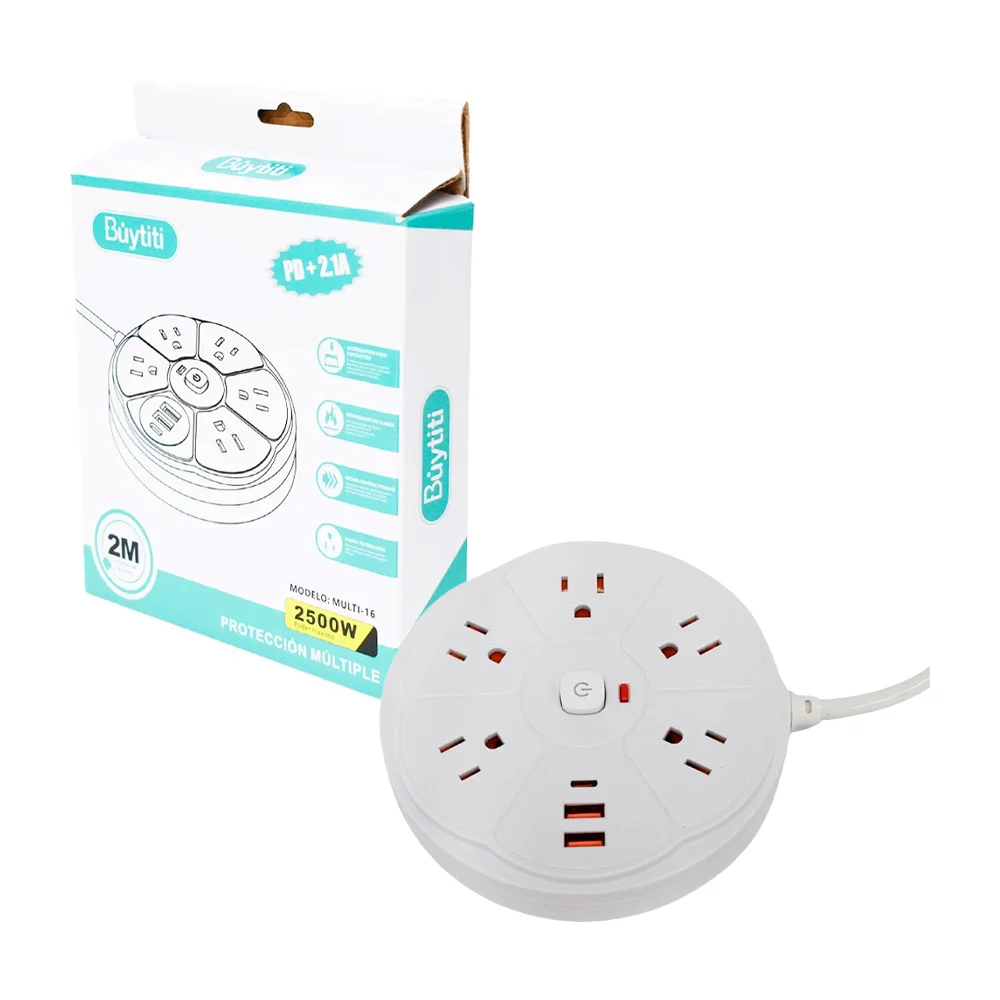 Multicontacto redondo con 5 tomacorrientes, 2 puertos usb y usb-c, va…