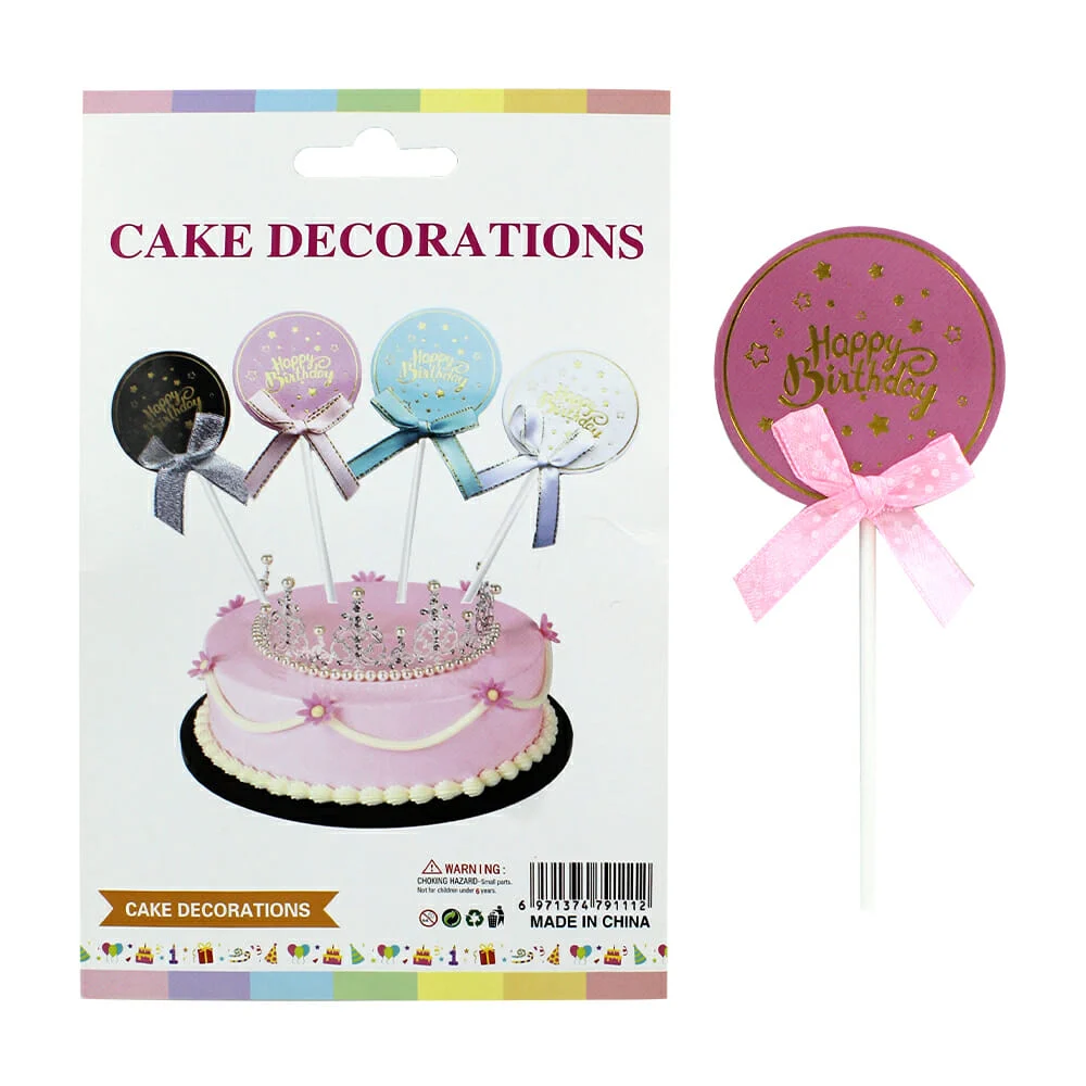 Paquete de 4 cake toppers redondos happy birthday con moño para decor…