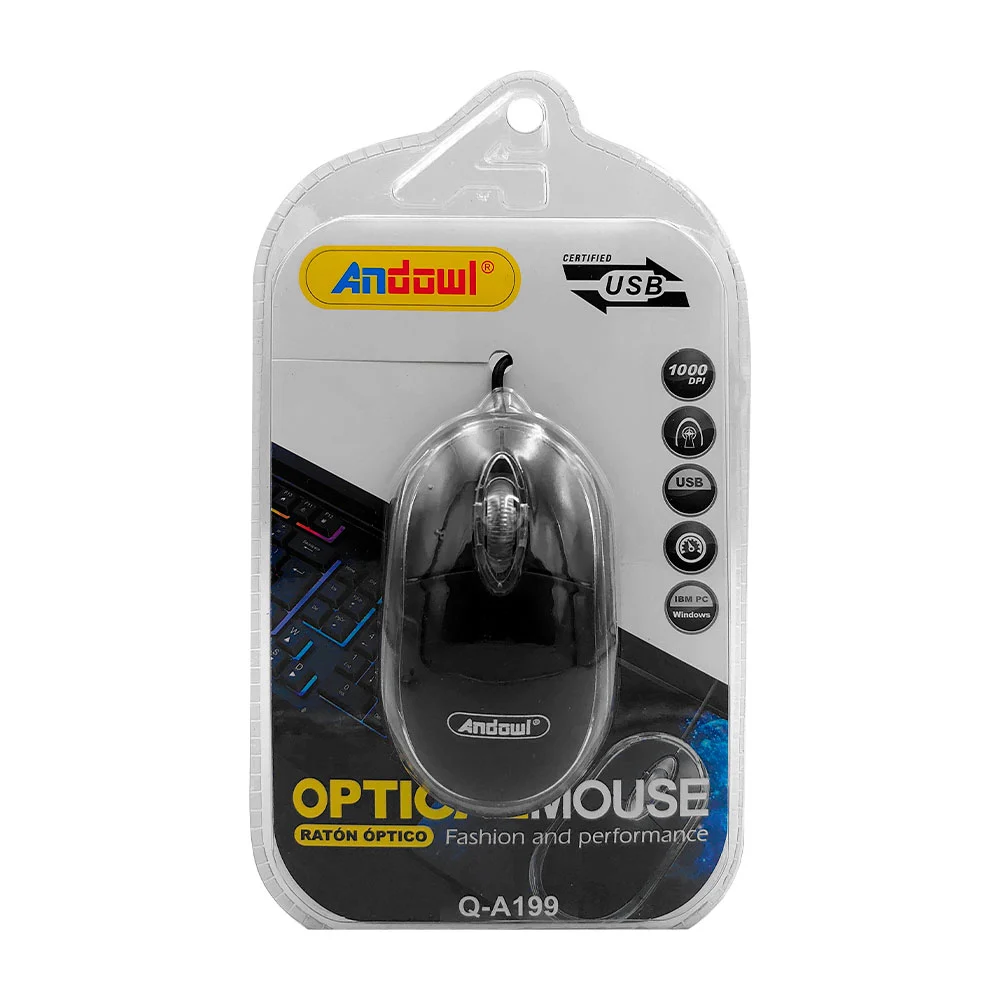 Mouse óptico alámbrico andowl con cable usb, ligero, 1000dpi / optica…