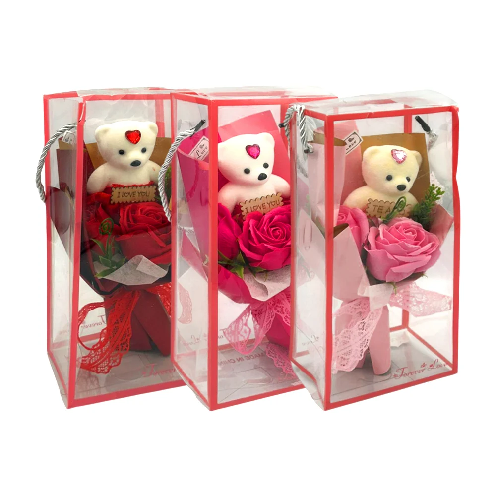 Caja transparente con ramo de 2 rosas y listón encaje + oso osito, va…