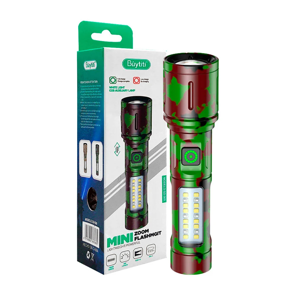 1pza Linterna de mano led, recargable, con asa agarradera, apertura variable, estampado táctico y 6 modos de iluminación, variedad de diseños / buytiti / mini zoom flashmgit