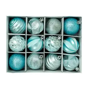 Caja con 12 esferas navideñas en tonos metálicos, mate con diamantina…