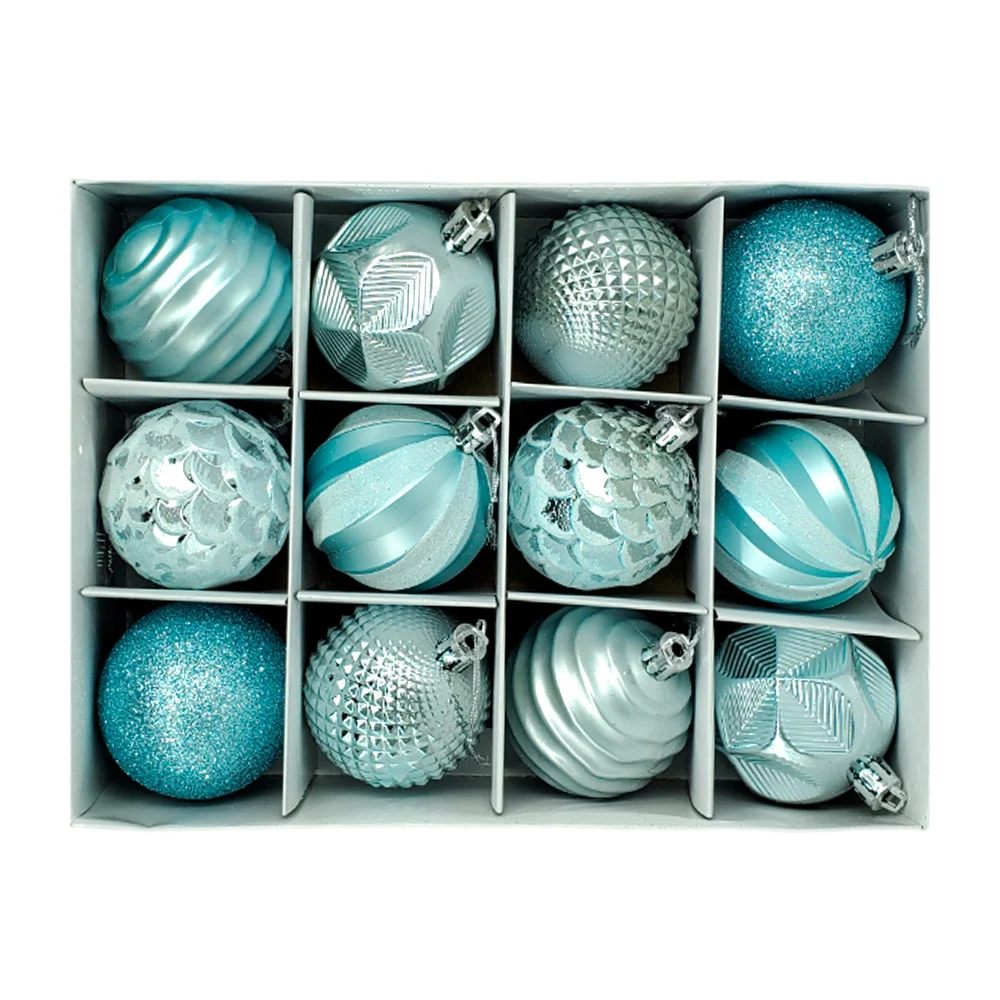 Caja con 12 esferas navideñas en tonos metálicos, mate con diamantina…