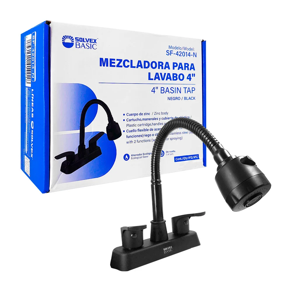 Mezcladora solvex de 4 pulgadas para lavabo, negra, con cuello flexib…