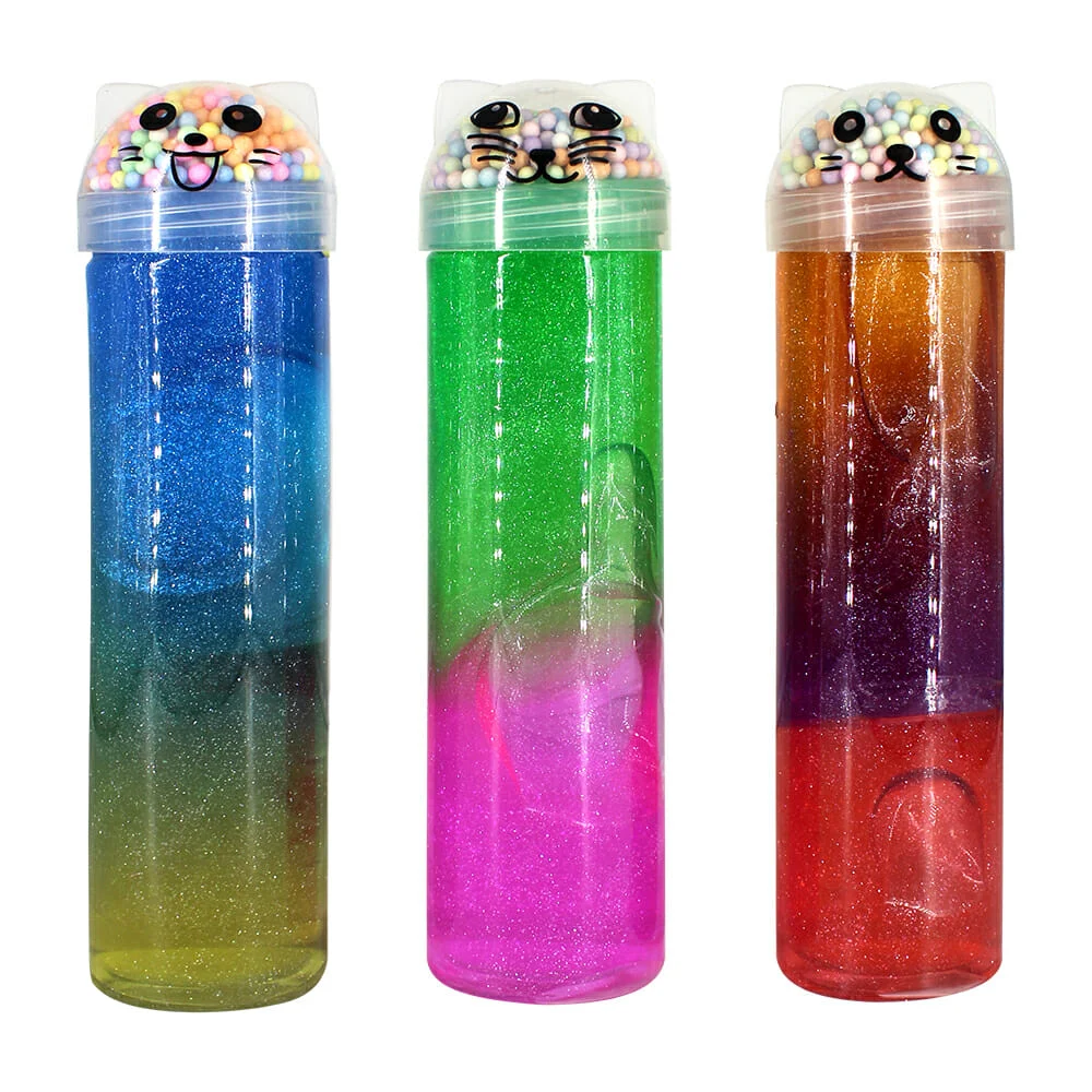 Bote de slime brilloso con bolitas de colores y diseño de gato, varie…