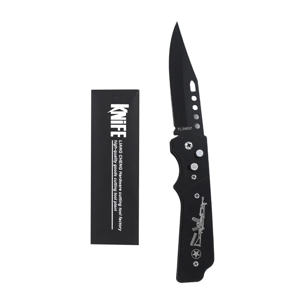 Navaja táctica de acero inoxidable en color negro de 20cm con estampa…