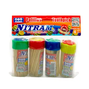 Blíster de 4 botes con palillos dentales de madera y tapa de flor