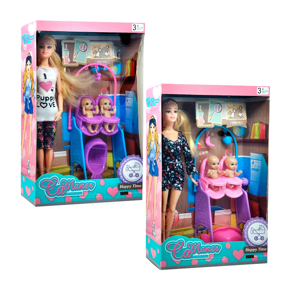 Muñeca articulada con temática de niñera + bebés, periquera y accesor…