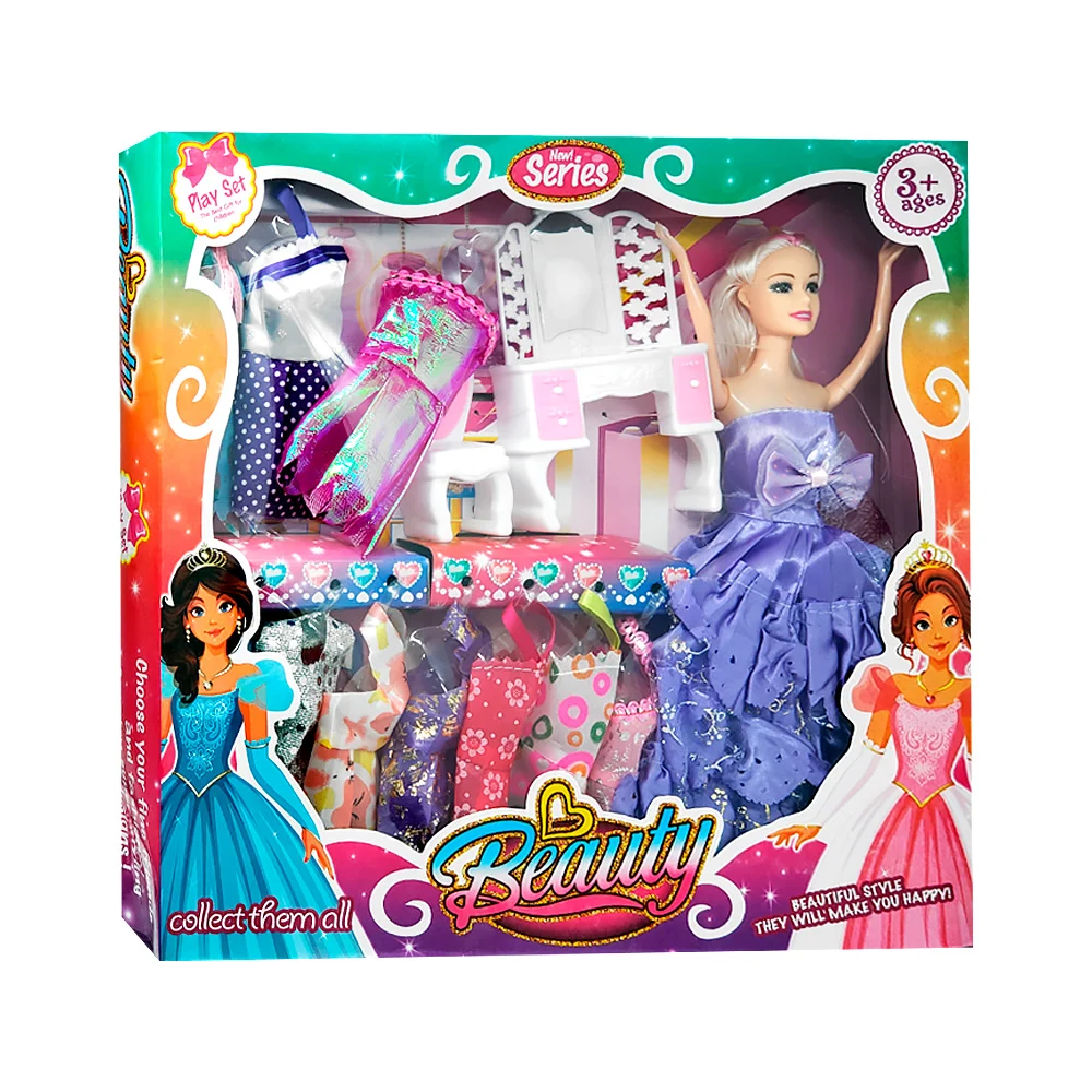 Set de muñeca beauty con 10 vestidos intercambiables y tocador, varie…