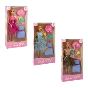 Muñeca articulada con maletas de viaje, globos de corazón y vestido, …