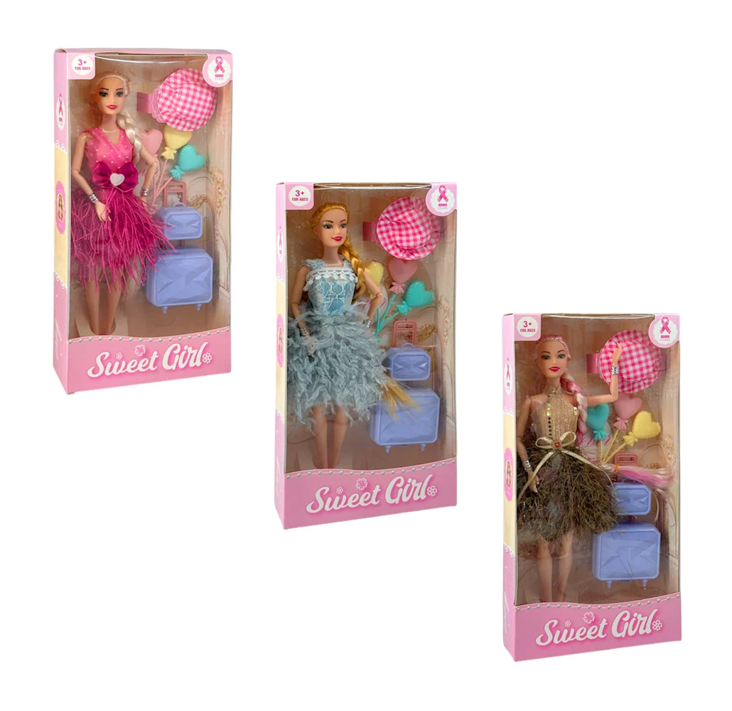 Muñeca articulada con maletas de viaje, globos de corazón y vestido, …