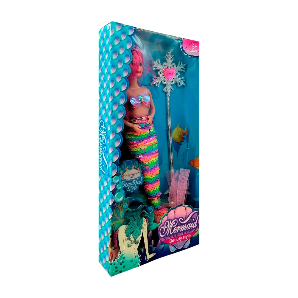 Muñeca de sirena con cola de lentejuela, cabello del tono de la cola …