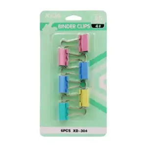 Blister de papelería con 6 clips metálicos de tipo mariposa coloridos…