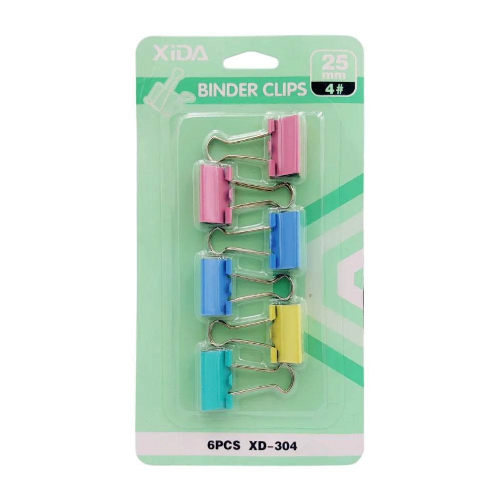 Blister de papelería con 6 clips metálicos de tipo mariposa coloridos…
