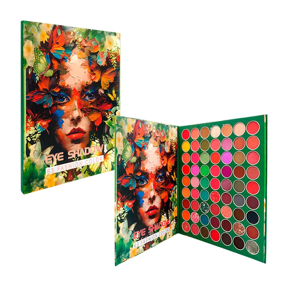 Paleta de maquillaje con 63 tonos con terminación matte o con glitter…