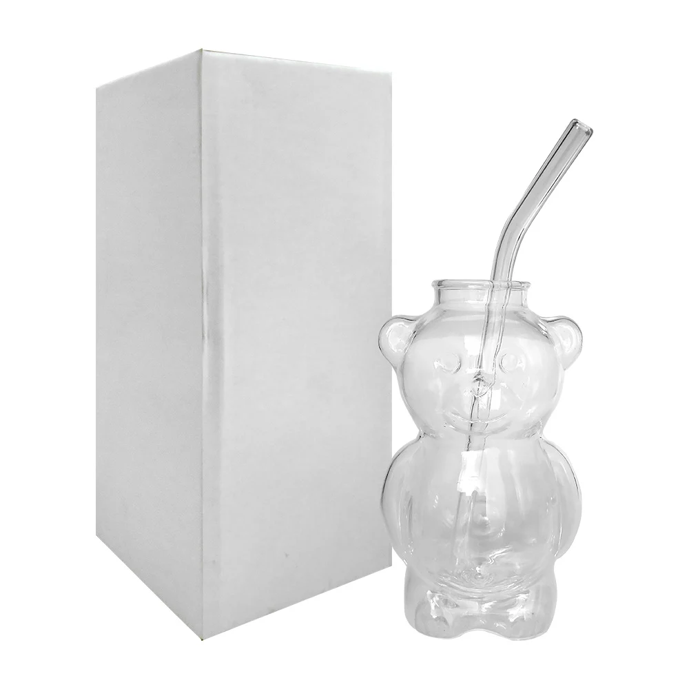 Vaso de vidrio en forma de oso con popote 13.5x8x6cm / xh-xxncb