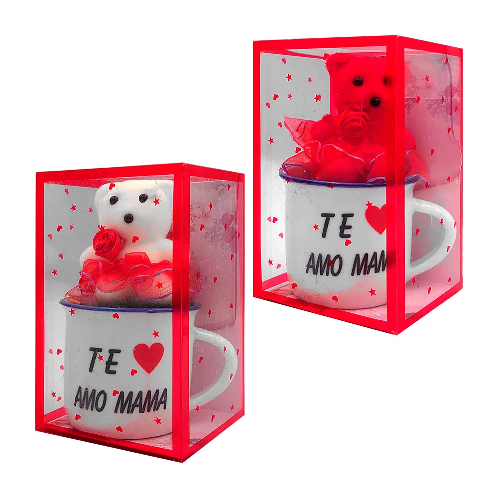 Caja rectangular transparente con mini taza de cerámica y mini oso de…