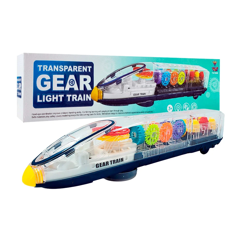 Tren móvil de juguete transparente con diseño de engranes + luz y son…
