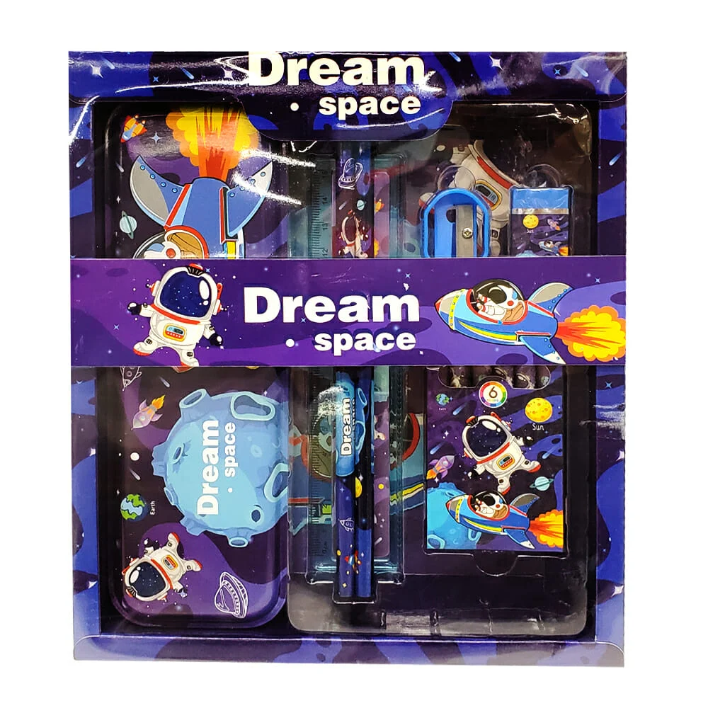 Kit papelería con lapicera, crayolas, regla, sacapuntas, borrador y 2…