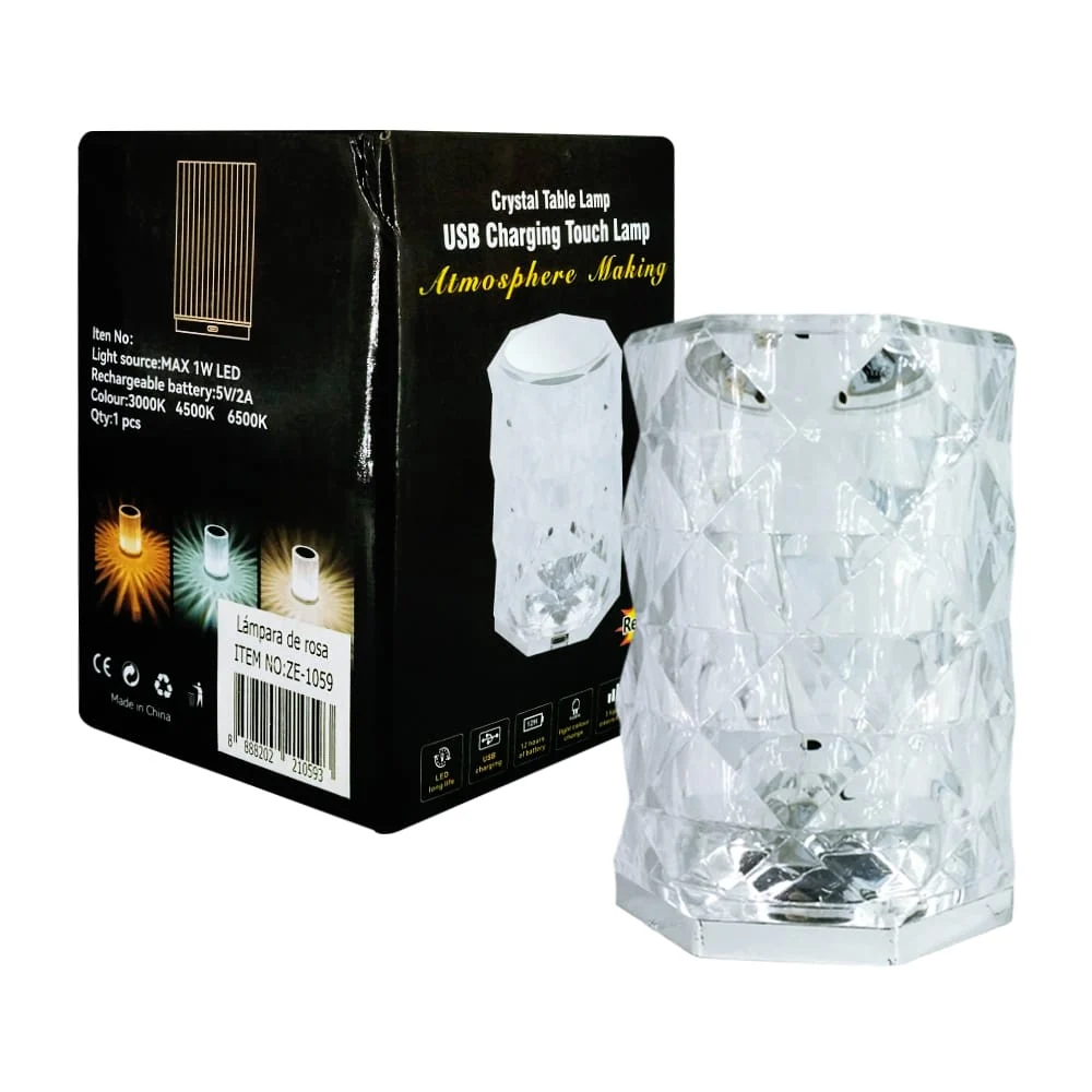 Lámpara cilíndrica tipo cristal transparente con relieves, touch, luz…