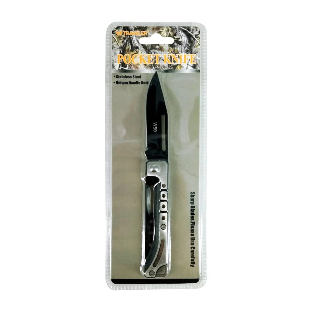 Navaja táctica de cuchilla recta traveler en color negro con plata / …