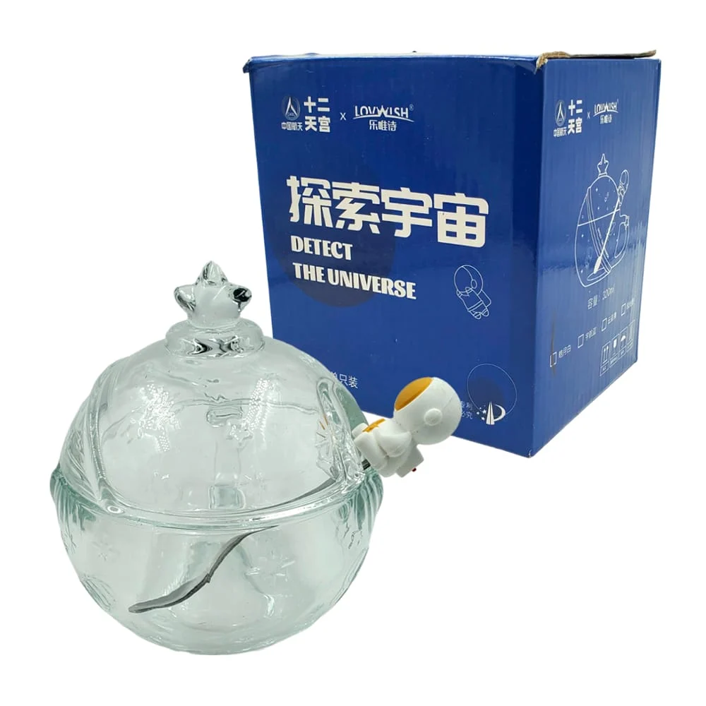 Azucarera de vidrio en forma de planeta + mini cuchara de astronauta,…