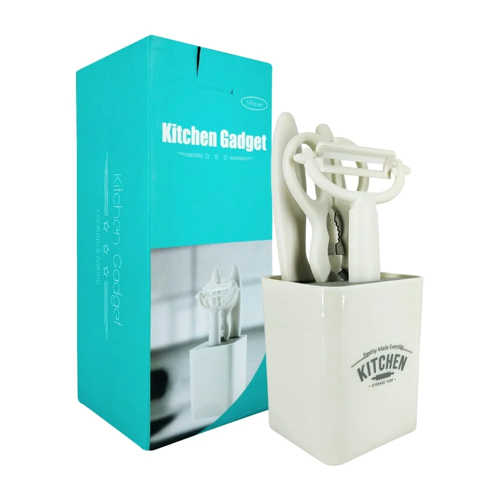 Kit de cocina con 2 cuchillos, tijeras, pelador y base de plástico / …