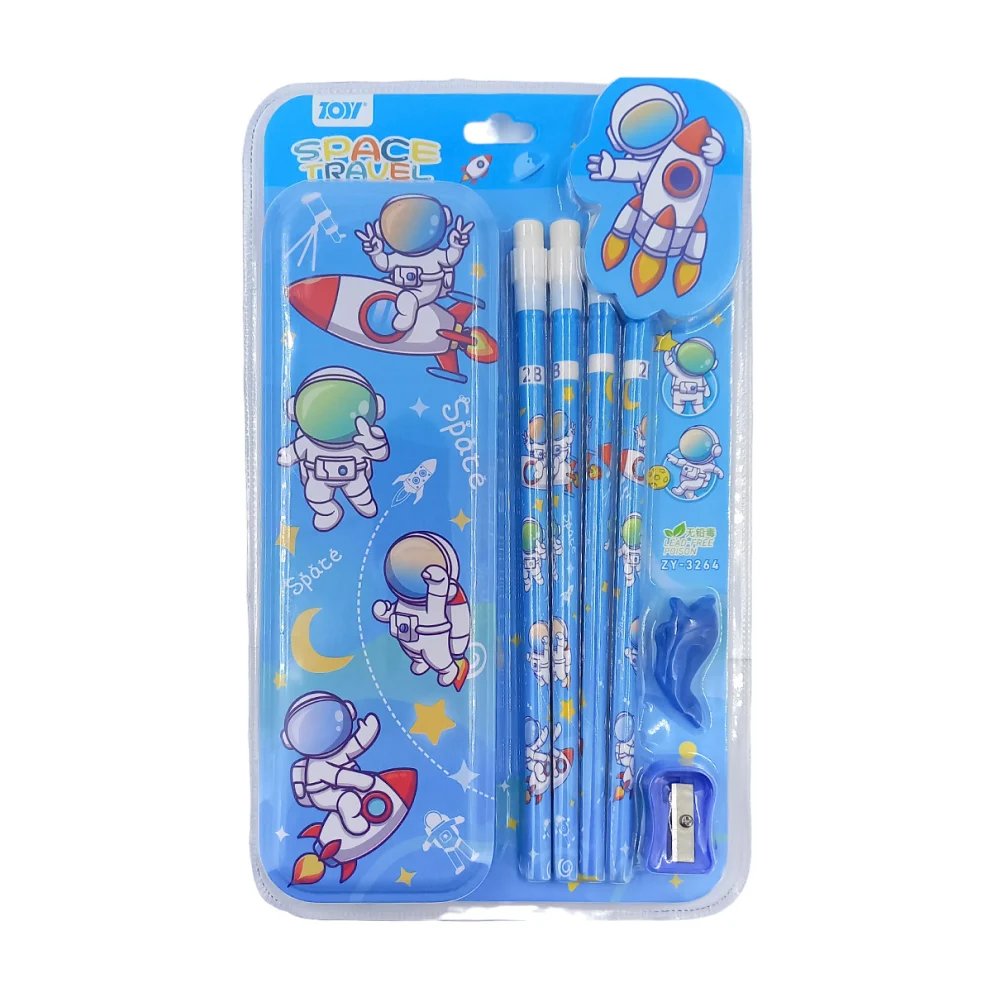 Kit papelería con lapicera metálica con 4 lápices, sacapuntas y agarr…