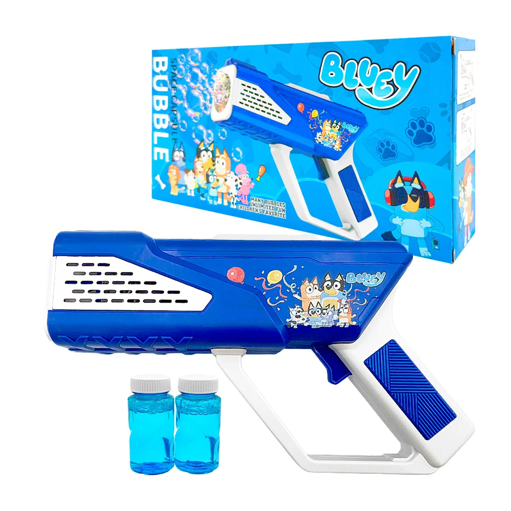 Pistola de burbujas bicolor con estampado de personajes animados y lu…