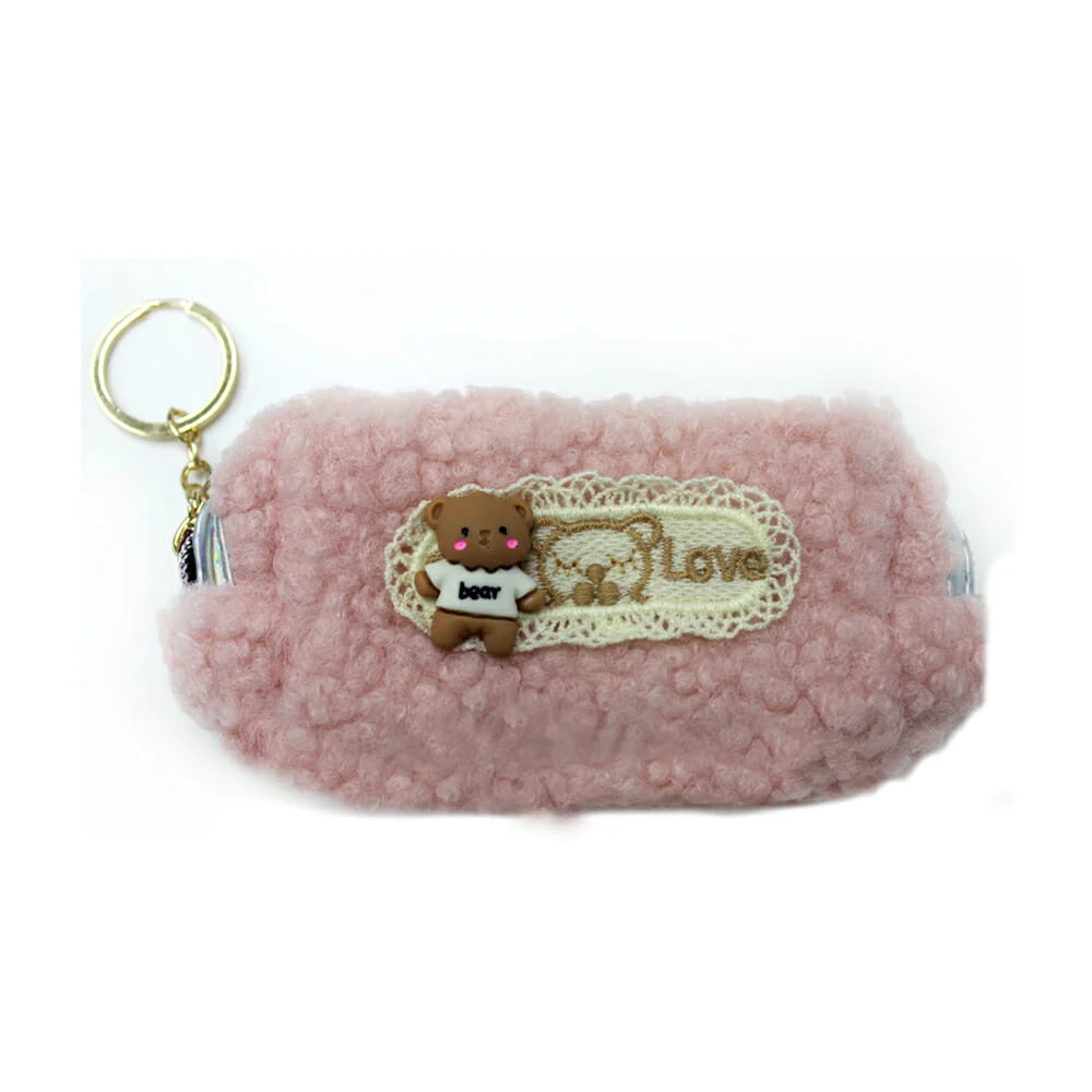 Monedero rectangular de peluche tipo borrego con decoración de osito …