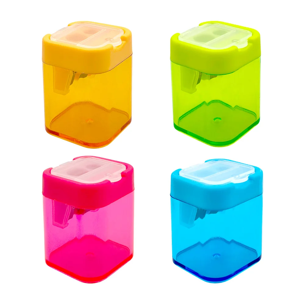 1pza sacapuntas rectangular translúcido - transparente doble con depósito para basura y mini tapa, variedad de colores / ar189 / 088501