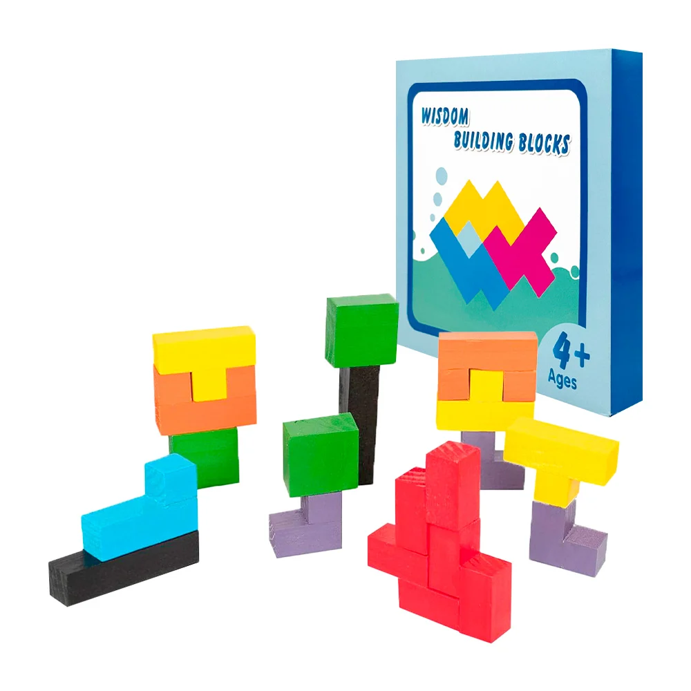 Rompecabezas tipo tetris con bloques de madera de colores y formas / …