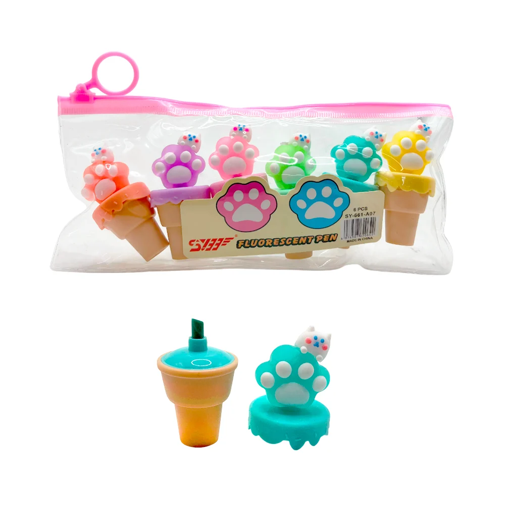 Estuche transparente con 6 mini marcatextos con forma de cono y figur…