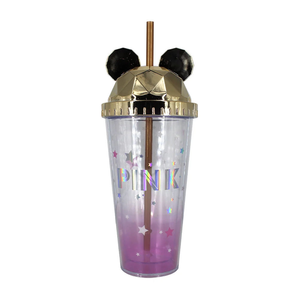 Vaso de acrílico + tapa con diseño de orejitas y popote, variedad de …