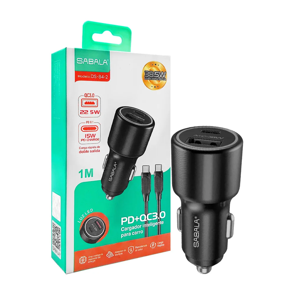 Combo plug cargador sabala con puerto usb y usb-c para automóvil + ca…