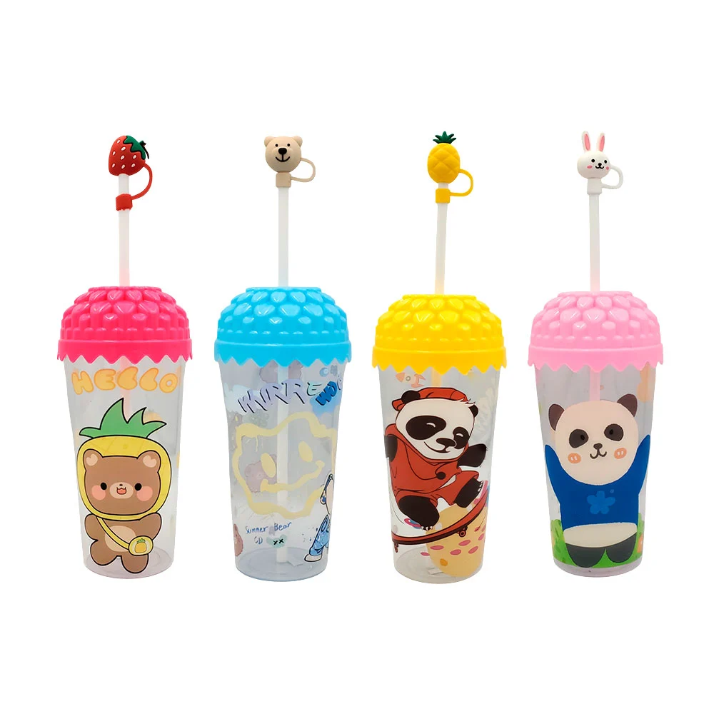 Vaso transparente con capacidad 600ml, estampado de animales + tapadera con diseño de flor y popote, variedad de modelos