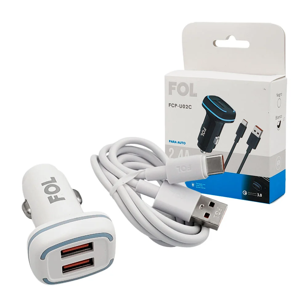 Cargador fol para coche con 2 puertos usb y cable usb a tipo c, 2.4a …