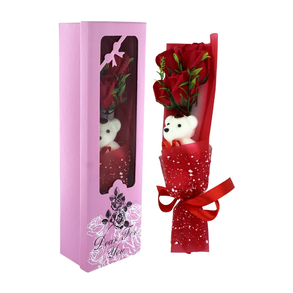 Caja con ramo de 4 rosas flores artificiales + osito, variedad de col…