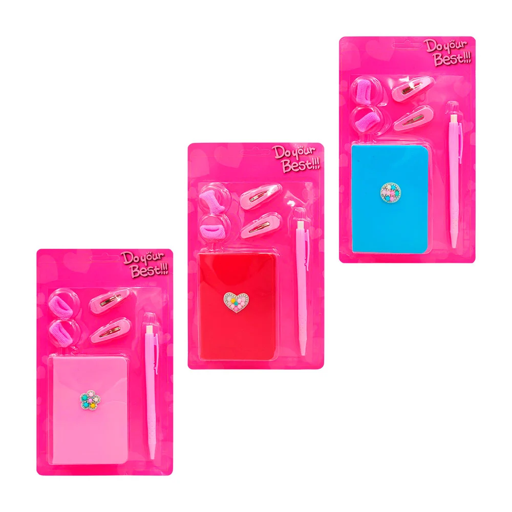 Mini libreta pasta dura, lapicero y accesorios para cabello, colores …