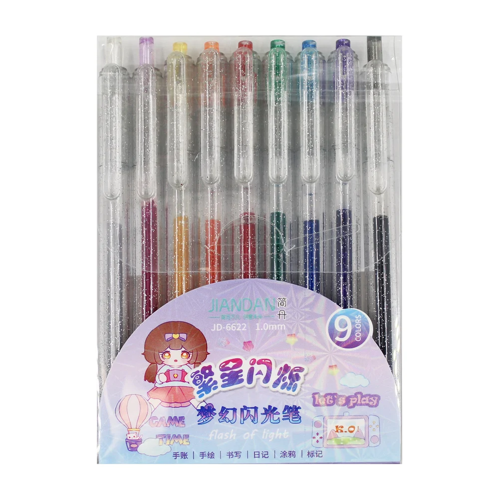 Paquete 9 plumas bolígrafos retráctiles de colores con glitter, varie…