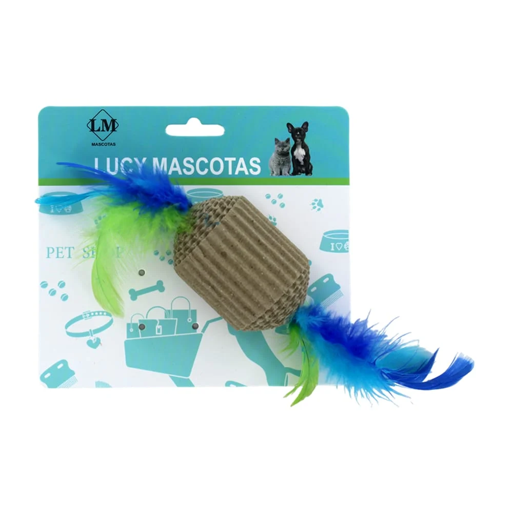 Juguete interactivo de cartón con plumas de colores en forma de dulce…