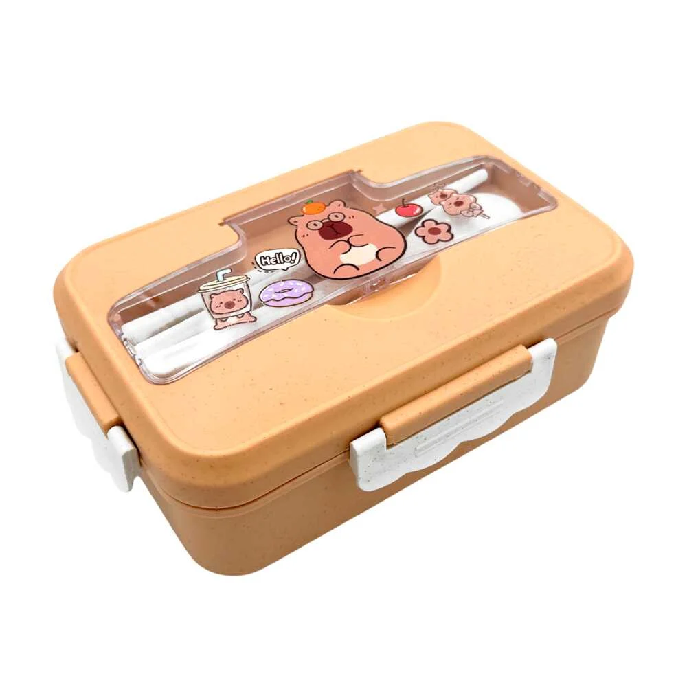 Tupper rectangular de plástico con 3 compartimentos, cubiertos y esta…