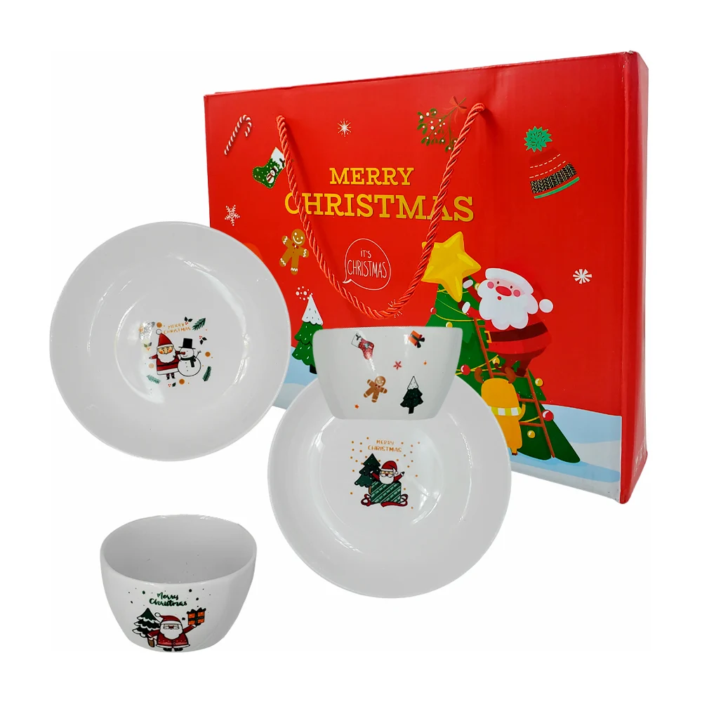 Set 2 platos y 2 tazones bowls de cerámica con estampado navideño / m…