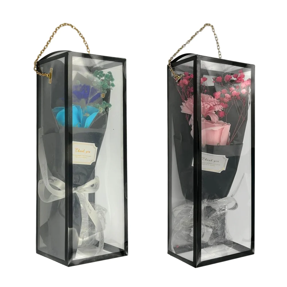 Caja rectangular transparente con cadena, ramo de 2 rosas flores arti…