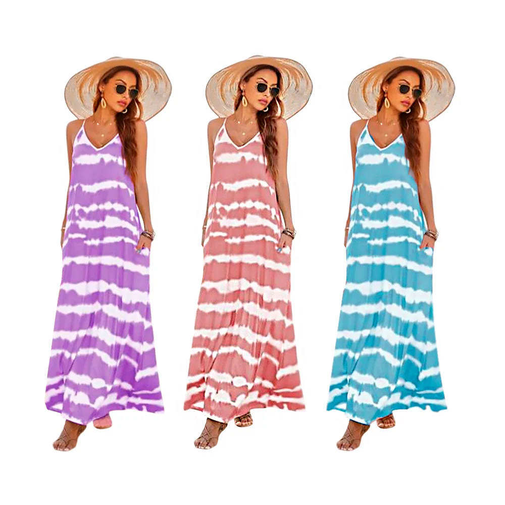 Vestido largo de tirantes con corte v y estampado de rayas, variedad …