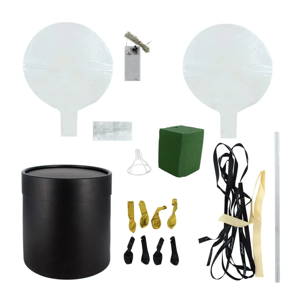 Arreglo decorativo, caja circular, 2 globos transparentes y de látex,…