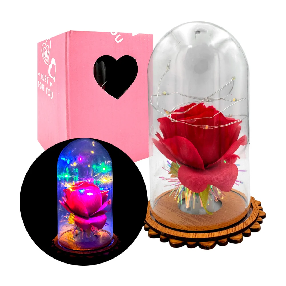 Rosa pequeña encapsulada, con tira led y base de madera, variedad de …